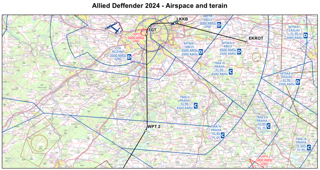 Mapa přeletu pětice stíhaček nad Prahou