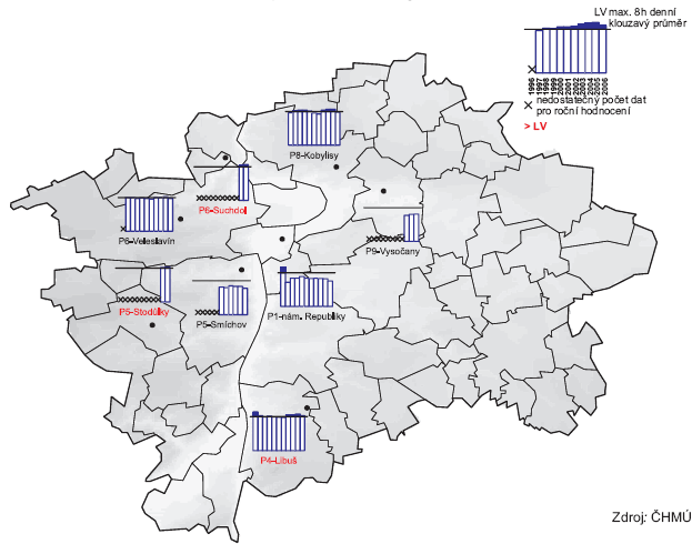 Obr. Dvacátéšesté nejvyšší hodnoty maximálního 8hod. klouzavého průměru koncentrací ozonu v průměru za 3 roky v letech 1996–2006