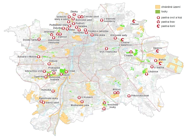 Stáda ovcí a koz opět vyráží do pražské přírody, orientační mapa lokalit pastvy, jaro 2020